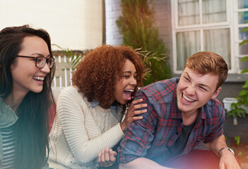 Wall Mural - Friends, comedy and happiness together outdoor, relax at restaurant for bonding and reunion with laughing. Funny story, catch up and social gathering with support, trust and care in friendship group