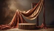 3d display podium brown background with wood frame pedestal and flying silk cloth curtain nature wind beauty cosmetic product presentation stand luxury feminine mockup 3d render advertisement