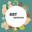 Antique Exhibition background, frame, backdrop, layout about modern museum with antique ruins and Greek sculptures for event invitation, magazine or cover. Vector set of modern antique illustart.