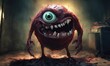 AI generated illustration of an eerie red creature with an eye and large teeth