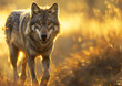 AI generated illustration of a Wolf standing in the grassy field at golden hour.