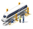 Electric train maintenance concept Vector Engineer and mechanic work together in garage station isometric isolated	
