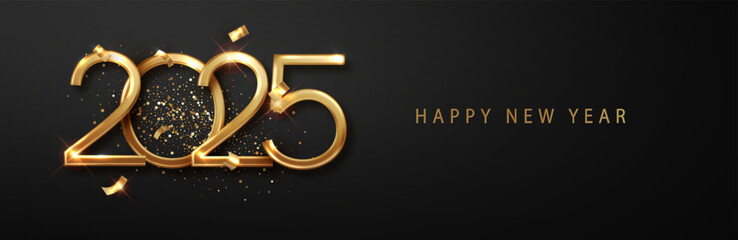 Wall Mural - 2025 New Year with vibrant background design with falling confetti and glitter. Premium Christmas greeting cards, banners, and posters. Realistic creative vector illustration