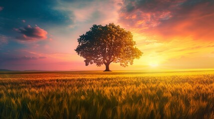 Wall Mural - AI generated illustration of a lone tree at sunset in an open field