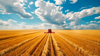 Sticker - Golden wheat field under a clear blue sky with a harvester at work. Vibrant rural landscape showcases agriculture during harvest season. Perfect for natural and farming themes. AI