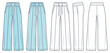 Wide leg Pants fashion flat technical drawing template. Sweat Pants with arrows technical fashion illustration, oversize, front, side and back view, white, blue, women, men, unisex CAD mockup set.
