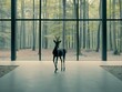 AI generated illustration of a deer standing by a large window with trees in the background