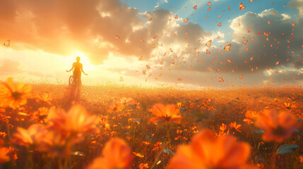 Wall Mural - a person stands in the middle of a field full of flowers