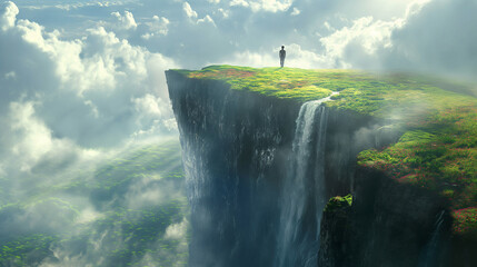 Canvas Print - a person standing on top of a cliff overlooking a water fall