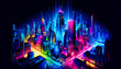 Abstract, neon-lit cityscape with glowing skyscrapers in vibrant hues.