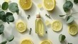 lemons and fresh herbs, with one bottle with soap