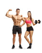 © Ljupco Smokovski - Strong man showing muscles and woman with a dumbbell isolated on white background