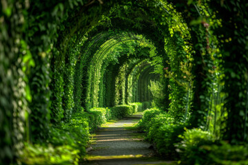 A beautiful green nature tunnel formed by plants