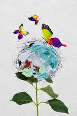 Poster - Composite trend artwork sketch image 3d photo collage of huge nature flower ecological pollution trash instead of blossom butterflies fly