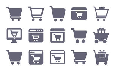 Shopping cart flat icons. Vector solid pictogram set included icon as e-commerce, grocery shop, buy online, purchase internet store checkout, order silhouette illustration for infographic.