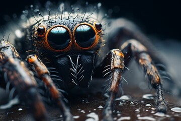 Wall Mural - An AI illustration of a close mainland spider with wet water drops on its eyes