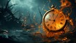AI generated illustration of a old timepiece submerged in flames
