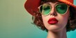 People and fashion photography showcasing model with green eyewear for editorial and commercial use, Stylish woman in green sunglasses and orange hat, ideal for vibrant lifestyle and fashion imagery