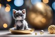 AI generated illustration of a small domestic kitten among a festive display of balls