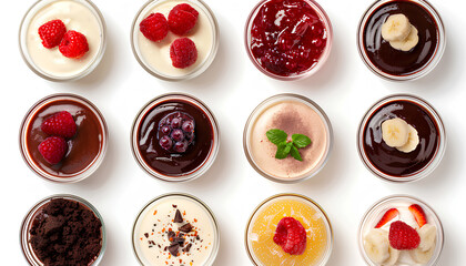 Wall Mural - Set of tasty pudding isolated on white, top view