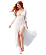 a woman in a white dress with a high slit and high heels red head, transparent background
