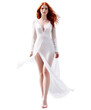 a woman in a white dress with a high slit and high heels red head, transparent background