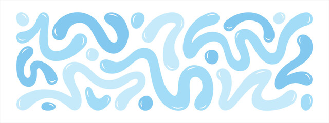 Aufkleber - Water blobs, drips, squiggles, groovy doodle wavy stripes inscribed in a long banner shape, bold scribbles, liquid spots. Blue fluid watery graphic design elements, aquatic text background