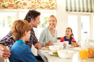 Sticker - Family, food and parents with children for breakfast, eating and bonding together in dining room. Smile, happy mother and father with young kids for healthy meal, nutrition and hunger in home