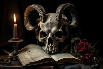 Wall Mural - AI illustration of an animal skull on an open hardcover book next to a lit candle and roses.