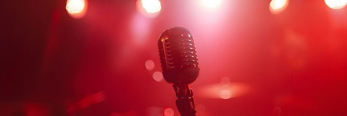 Wall Mural - Close-up of a microphone on stage in the soft spotlight. Concept of public speaking. Come and sing karaoke. Illustration for cover, banner, poster, brochure, advertising, marketing or presentation.