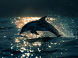 A dolphin leaping out of glowing waters, its silhouette illuminated by the luminous marine life beneath the oceans surface
