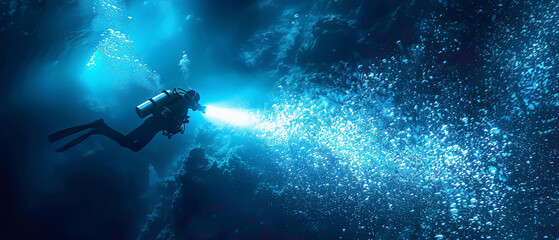 A divers flashlight revealing an underwater world of light, where every movement triggers a burst of marine phosphorescence