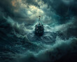 A fishing vessel riding out a storm, decks awash with water, framed by the dark, ominous clouds of a coastal maelstrom