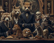 A group of endangered animals, each in customtailored business attire, posing with human skull artifacts in a museum setting
