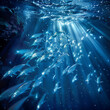 A school of fish swimming in the night sea, leaving trails of light as they disturb the bioluminescent organisms