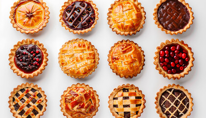 Set of different tasty pies on white background, top view