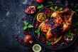 a chicken on a plate with fruits and vegetables
