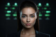 © Lazy_Bear - Front view portrait of attractive beautiful woman with scanning grid on her face against abstract background. Digital system for face id. Concept of security and facial recognition