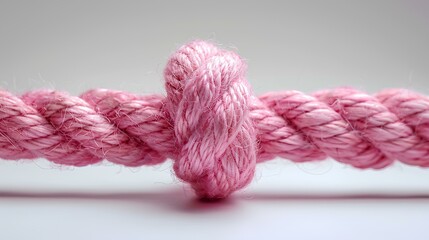 Wall Mural - Pink rope with knot isolated on white background with shadow. Pink thick string with rope in the middle. Shoe lace string