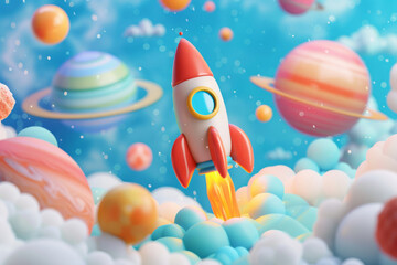 Wall Mural - colorful cartoon rocket flying among the planets. space background for children