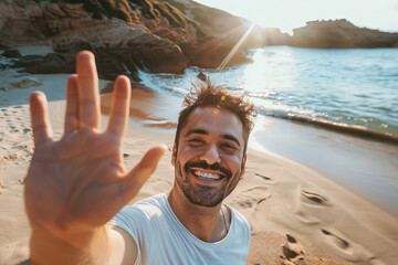 A happy man taking a selfie at the beach, wearing summer attire and a hat Happy tourist take selfie self-portrait with smartphone man on vacation looking at camera - Holidays and travel concept