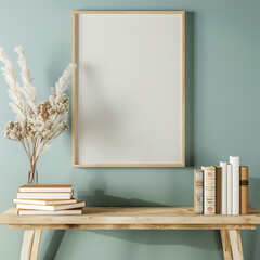 Wall Mural - Large, white poster in a frame on a blue wall above a wooden table
