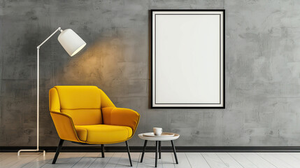 Wall Mural - A black, empty frame hangs on a gray wall in a room with a yellow armchair.
