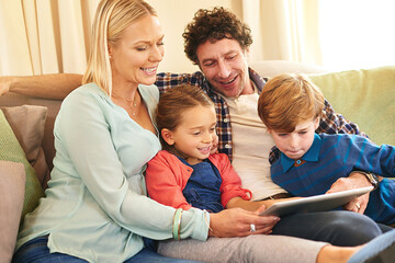 Canvas Print - Family, tech and together on couch for streaming with happiness, internet connection and rapport. Parents, young children and tablet on sofa in living room for watching with relax, online and smile