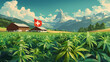 a farm in the country with mountains in the background and swiss flag in the fore