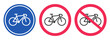 Bicycle path road sign icon vector graphic illustration set, round circle bike area lane caution warning symbol, cyclist parking red blue safety image, cycle allowed or forbidden prohibition attention