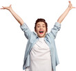 © master1305 - Happy young woman raising hands, expressing happiness isolated on transparent background. Win, success, positive surprise, enjoyment. Concept of human emotions, facial expression.