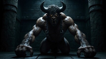 AI-generated illustration of a chained beast resembling Minotaur pictured in a dark setting