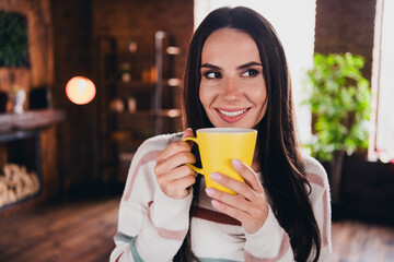 Sticker - Photo of lovely young woman hold coffee mug drinking look empty space wear striped outfit interior home living room in brown warm color