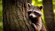 A curious raccoon peeks out from behind a tree trunk in a lush green forest, its eyes full of mischief and wonder.. AI Generation